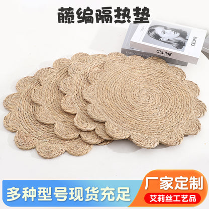 Rattan Heat Insulation Mat Coaster Desktop Heat Insulation Protection Mat Wool Woven Placemat Desktop Decoration Coaster Corn Leather Mat