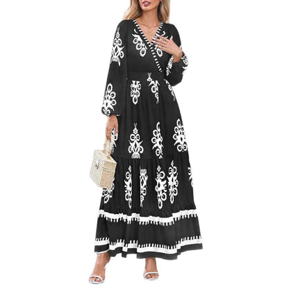 European And American Cross-Border 2025 Autum Dress Bohemian Floral Long-Sleeved V Neck Elegant Beach Long Dress For Women