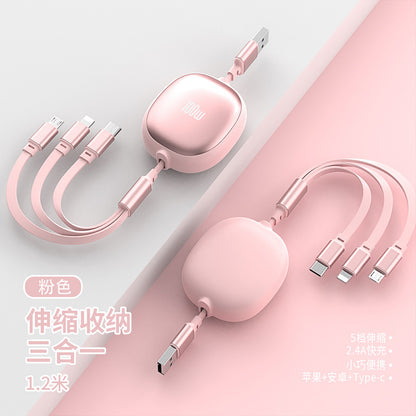 One-to-three Data Cable Fast Charging Car Mobile Phone Charging Cable Telescopic Three-in-one Multi-functional Small Gift Custom Logo
