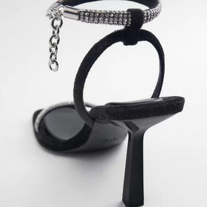 Large Size Foreign Trade Rhinestone High-Heeled Sandals For Women Summer New Cross-Border Square Toe Open Toe Elegant European And American One-Strap Sandals