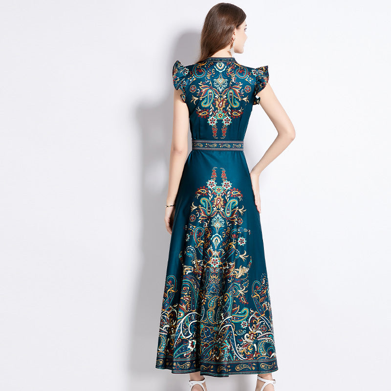 2024 Spring And Summer New Vintage E398 Wind Temperament Printing Small Fly Sleeve Big Dress