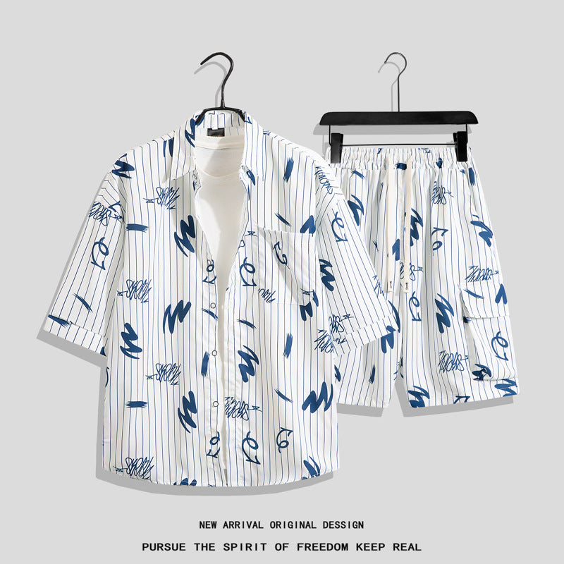 Ice Silk Beach Suit Men&#039;s Short-sleeved Flora Shirt Plus Size Loose Hawaiian Quick-drying Casual Shorts Couple&#039;s Suit