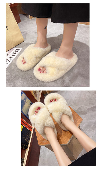 Plus Size New Style Of Autumn And Winter Korean Style All-Match Outer Wear Flat Bottom Fashionable Hairy Women's Slippers