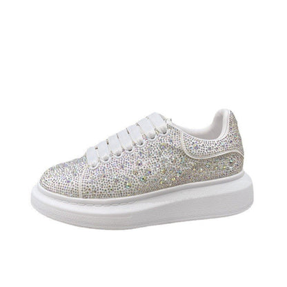 Rhinestone-Encrusted Black Diamond Star's New Same Style Height-Increasing Male And Female Couple Genuine Cowhide Platform Grai Mcqueen White Shoes Thick Soles