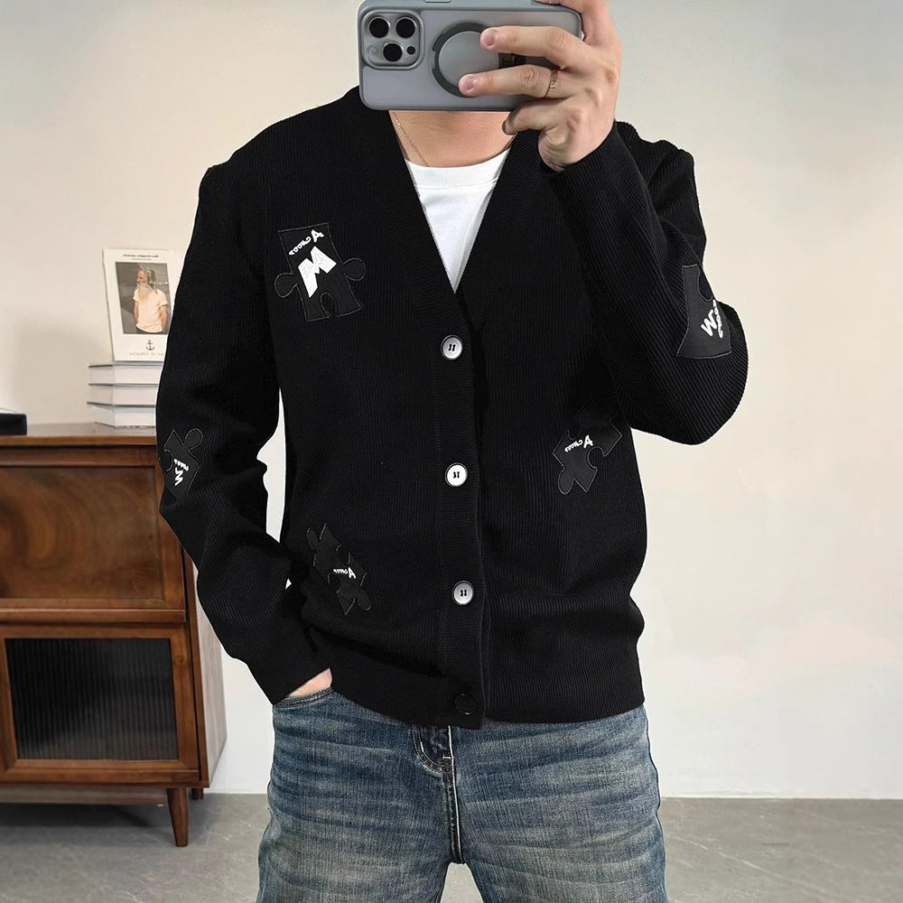 2024 New Spring And Autumn Korean Knitted Cardigan Cartoon Grey Top Cute Design Sense Jacket Sweater For Men And Women