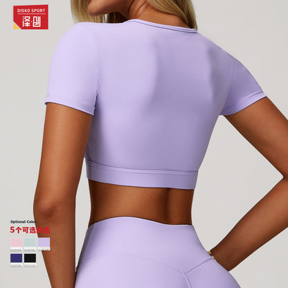 Zechuang Summer Yoga Short-Sleeved Cut Out Tight Shock-Proof Nude Sports T-Shirt Running Fitness Sports Top 4501