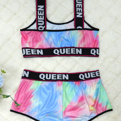 European and American Cross-border plus size Sexy Spice Letter Printed Camisole Shorts Sports Sexy Underwear suit