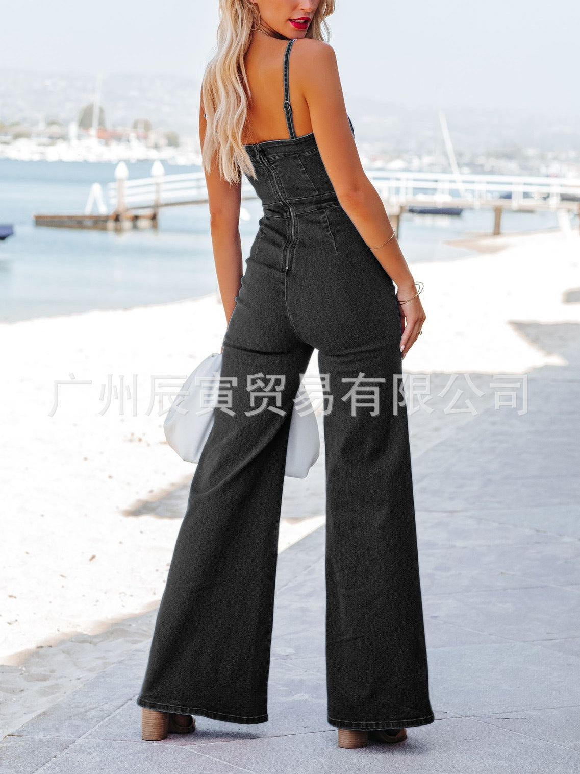 Ins New European And American Women's Summer Jumpsuit · Cotton Washed Blue Denim Suspenders Tight Skinny High Elastic Trousers