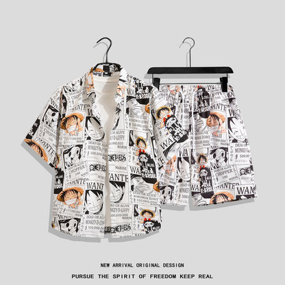Ice Silk Beach Suit Men&#039;s Short-sleeved Flora Shirt Plus Size Loose Hawaiian Quick-drying Casual Shorts Couple&#039;s Suit
