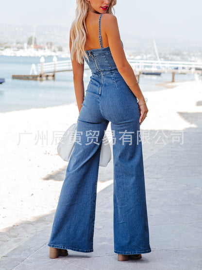 Ins New European And American Women's Summer Jumpsuit · Cotton Washed Blue Denim Suspenders Tight Skinny High Elastic Trousers
