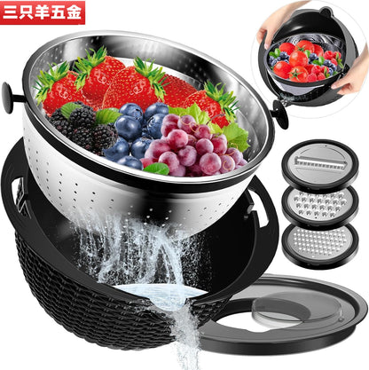 Cross-Border Stainless Steel Thickened Liner Set For Home Use, Rotatable Double-Layer Fruit And Vegetable Washing Basket, Creative Design