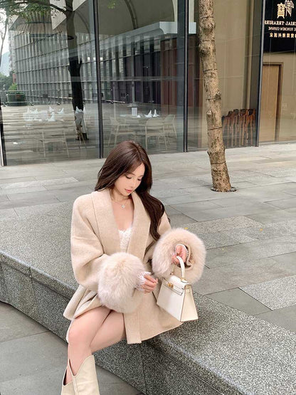 V-neck Lace-up Woolen Coat For Women 2023 Autumn And Winter Long Sleeve Loose High-grade Overcoat Stitching Mid-length Top
