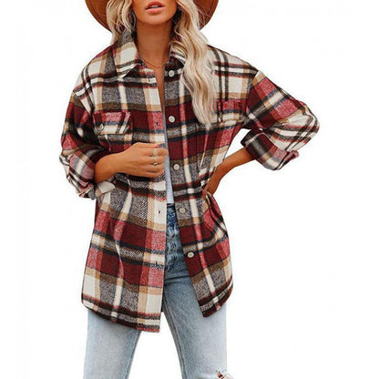 2023 European And American Export New Amazon Hot-Selling Women's Woolen Plaid Shirt Flannel Loose Shirt Jacket