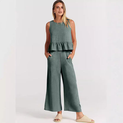 2025 Summer New European And American Export Women's Clothing Amazon Sleeveless Pleated Vest Wide-Leg Nine-Point Pants Casual Suit