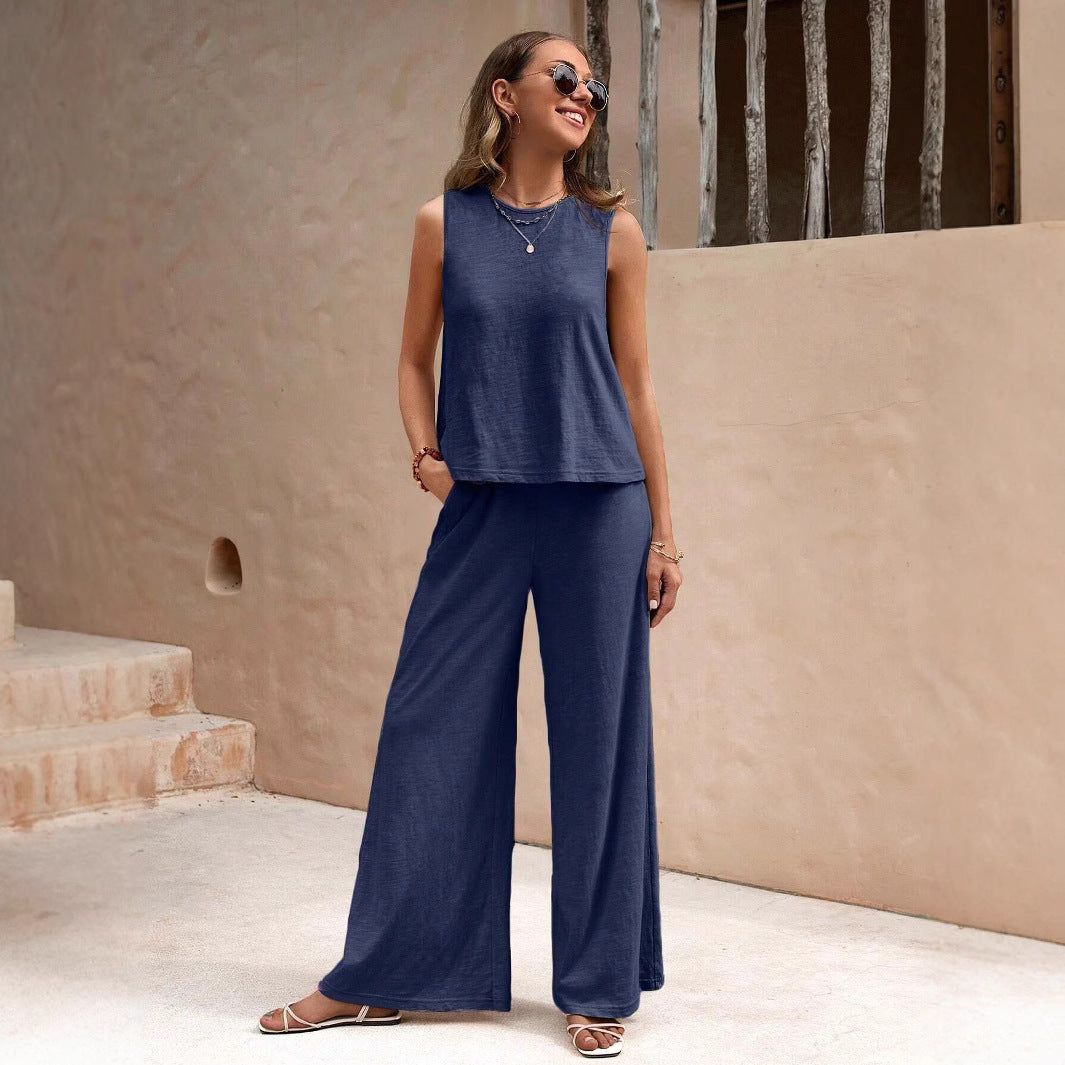 2025 New Summer Trousers Two-Piece Set For Women European And American Trendy Versatile Loose Pullover Round Neck Casual Suit For Women