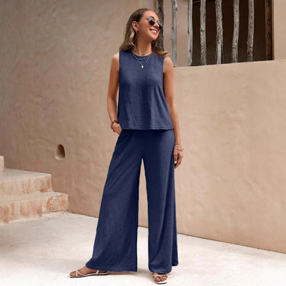 2025 New Summer Trousers Two-Piece Set For Women European And American Trendy Versatile Loose Pullover Round Neck Casual Suit For Women