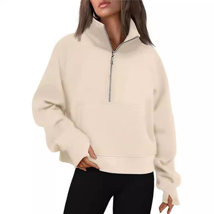 2023 European And American Cross-border Autumn And Winter New Women's Sports Half-zip Yoga Wear Loose Stand-up Collar Fleece-lined Sweatshirt