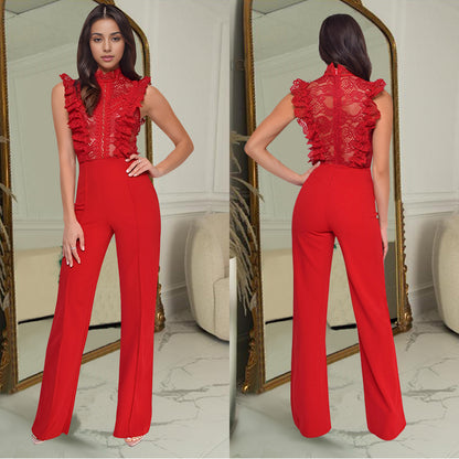 C7038 Cross-border AliExpress Amazon Independent Station European And American Fashion Women's Solid Color Sleeveless Mesh Jumpsuit New