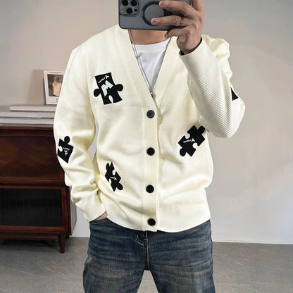 2024 New Spring And Autumn Korean Knitted Cardigan Cartoon Grey Top Cute Design Sense Jacket Sweater For Men And Women