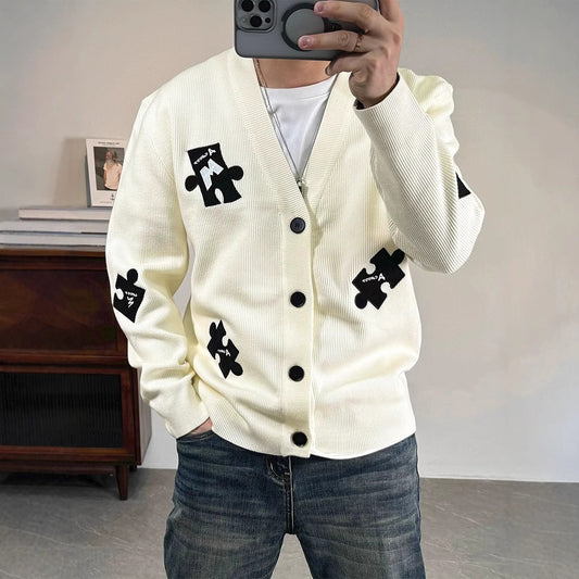 2024 New Spring And Autumn Korean Knitted Cardigan Cartoon Grey Top Cute Design Sense Jacket Sweater For Men And Women