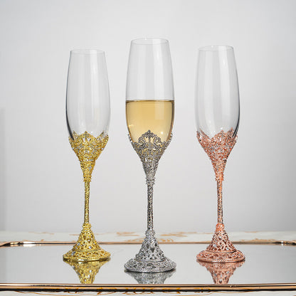 Cross-border Retro Hollow-out High-grade Champagne Mug Household Goblet Crystal Glass Wine Suit Luxury Gift Box