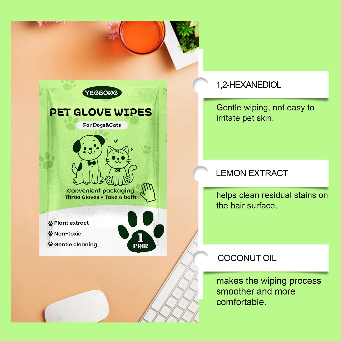 Yegbong Pet Cleaning Disposable Gloves No Bath Cleaning Gloves For Cleaning Cat And Dog Dirt And Odor