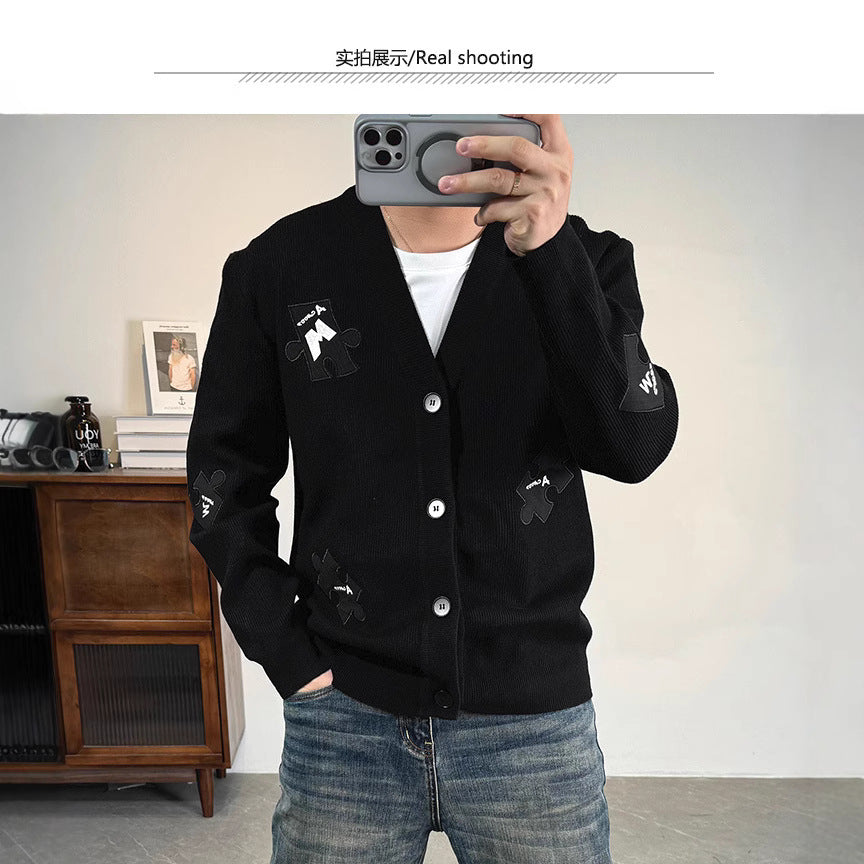 2024 New Spring And Autumn Korean Knitted Cardigan Cartoon Grey Top Cute Design Sense Jacket Sweater For Men And Women