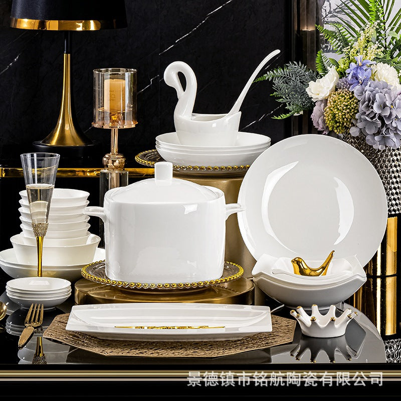 Bowl Plate Bowl Chopsticks Wholesale Jingdezhen Ceramic Bone China Household Light Luxury Bowl Plate Rice Bowl Noodle Bowl Tableware Gift