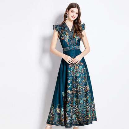 2024 Spring And Summer New Vintage E398 Wind Temperament Printing Small Fly Sleeve Big Dress