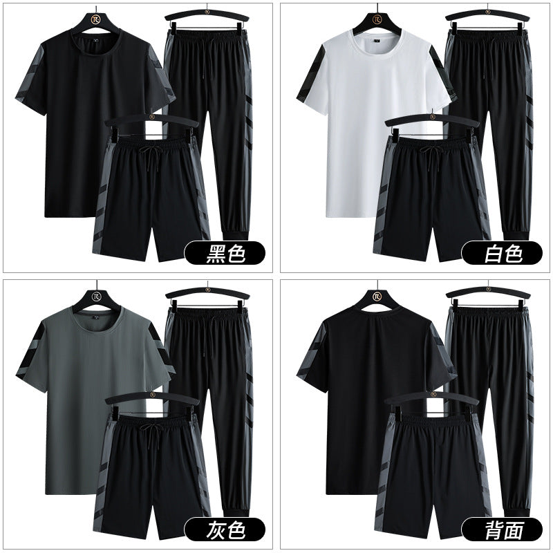 Summer Sports Outdoor Quick-drying Pants Half-length Pants Short-sleeved T-shirt Three-piece Set Ice Silk Suit Long Two-piece Suit