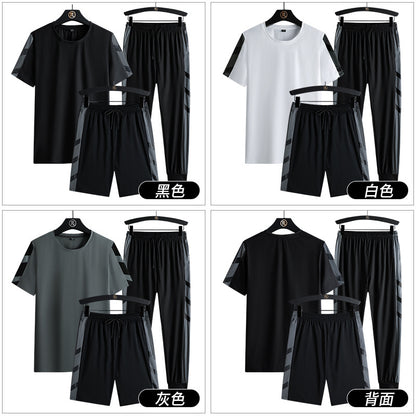 Summer Sports Outdoor Quick-drying Pants Half-length Pants Short-sleeved T-shirt Three-piece Set Ice Silk Suit Long Two-piece Suit