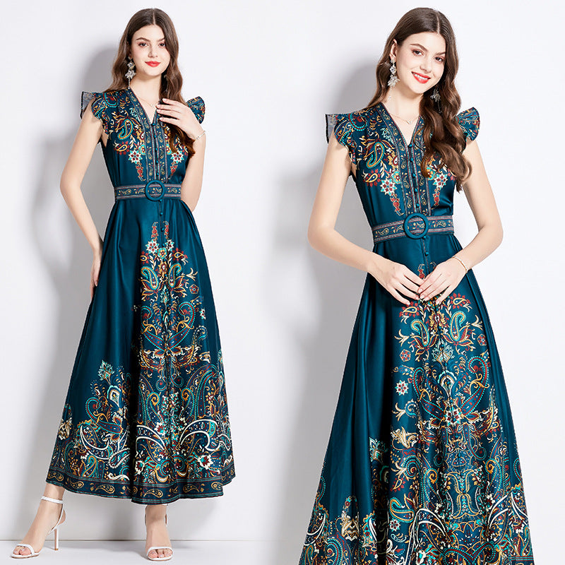 2024 Spring And Summer New Vintage E398 Wind Temperament Printing Small Fly Sleeve Big Dress