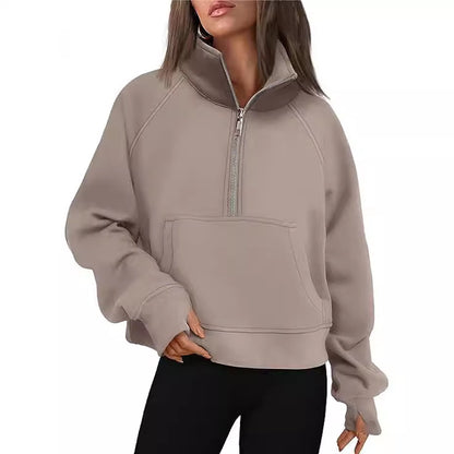 2023 European And American Cross-border Autumn And Winter New Women's Sports Half-zip Yoga Wear Loose Stand-up Collar Fleece-lined Sweatshirt