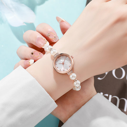 New Fashion Pearl Thin Belt Fritillary Round Women's Watch Free Adjustment Bracelet Watch Women's Quartz Watch