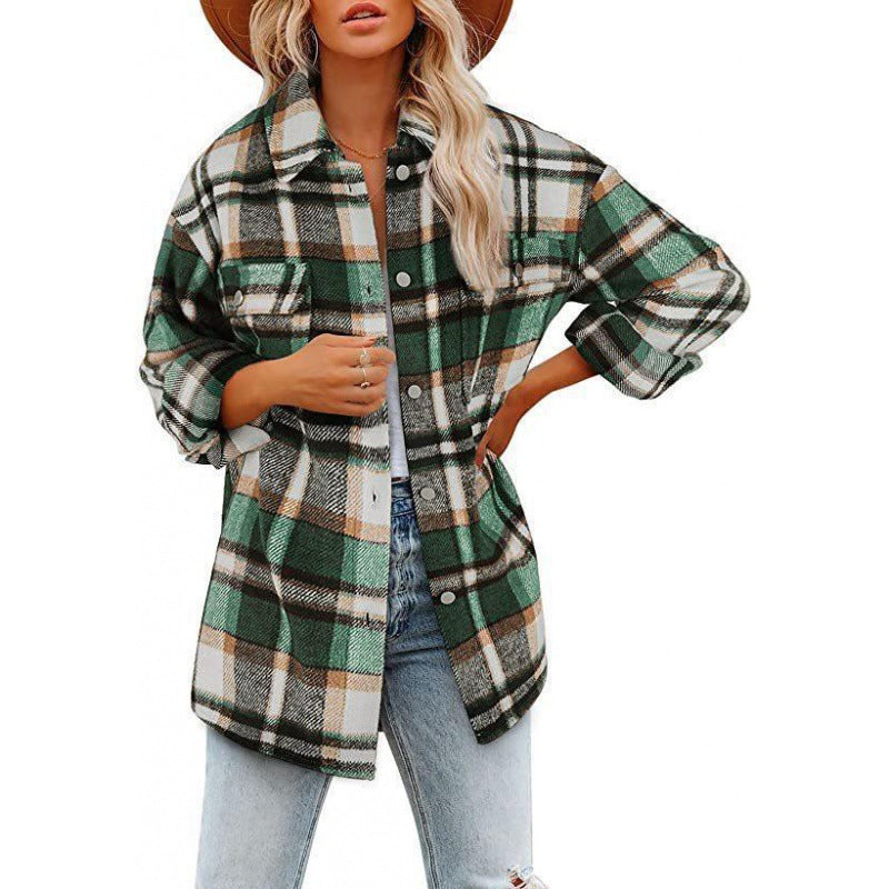 2023 European And American Export New Amazon Hot-Selling Women's Woolen Plaid Shirt Flannel Loose Shirt Jacket