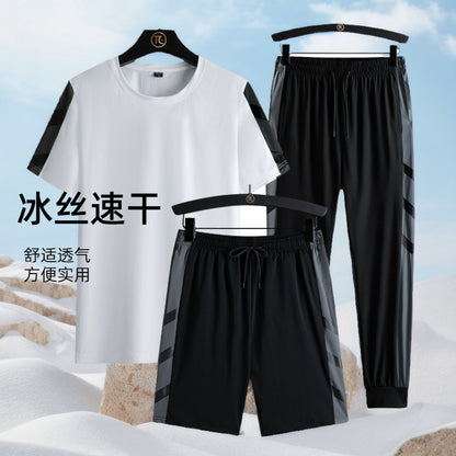 Summer Sports Outdoor Quick-drying Pants Half-length Pants Short-sleeved T-shirt Three-piece Set Ice Silk Suit Long Two-piece Suit
