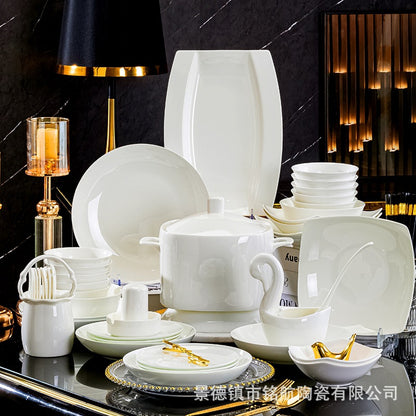 Bowl Plate Bowl Chopsticks Wholesale Jingdezhen Ceramic Bone China Household Light Luxury Bowl Plate Rice Bowl Noodle Bowl Tableware Gift