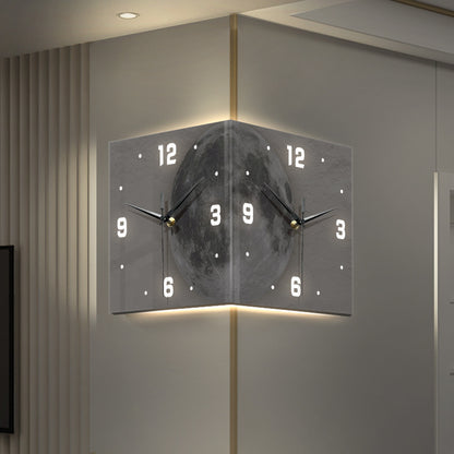 Punch-free Creative Corner Clock Wall Lamp Living Room Moon Lamp Corner Clock Luminous Double-sided Wall Clock Led Art Clock
