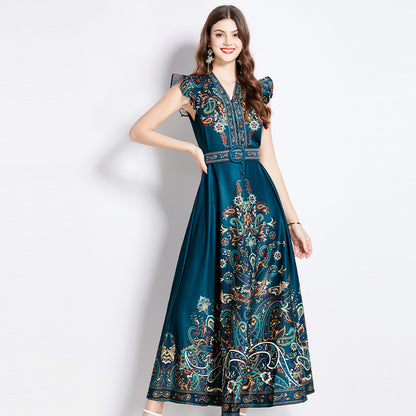 2024 Spring And Summer New Vintage E398 Wind Temperament Printing Small Fly Sleeve Big Dress