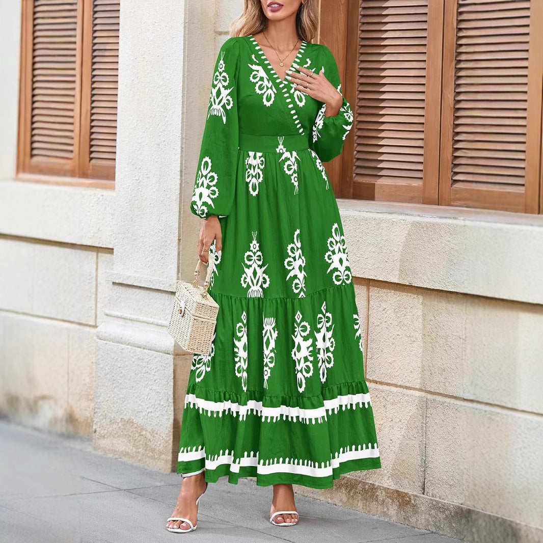 European And American Cross-Border 2025 Autum Dress Bohemian Floral Long-Sleeved V Neck Elegant Beach Long Dress For Women