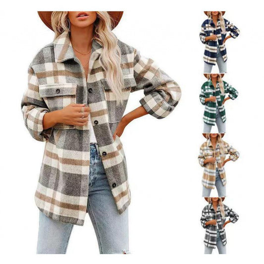 2023 European And American Export New Amazon Hot-Selling Women's Woolen Plaid Shirt Flannel Loose Shirt Jacket