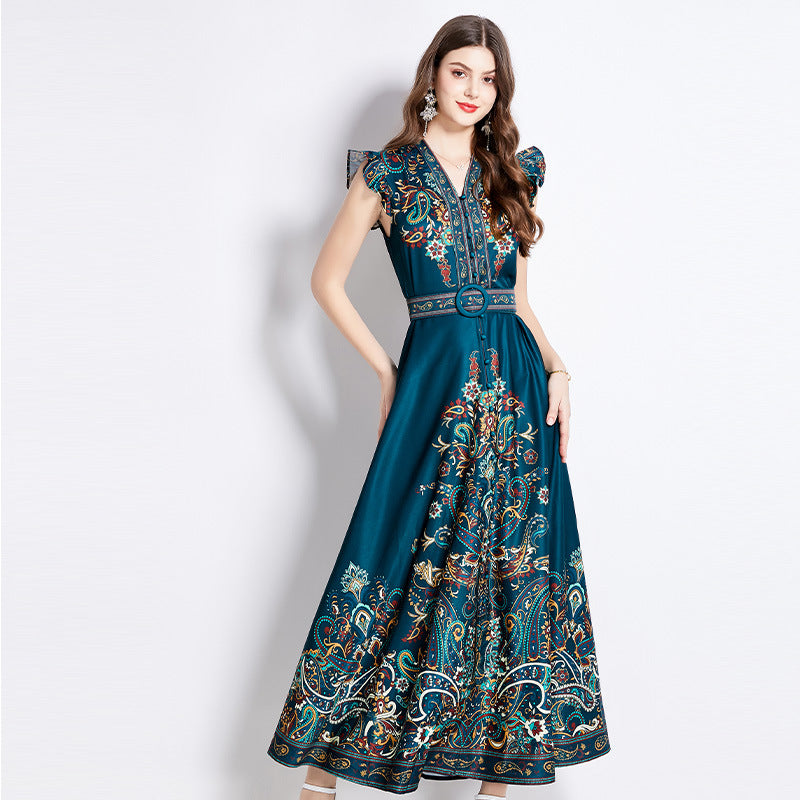 2024 Spring And Summer New Vintage E398 Wind Temperament Printing Small Fly Sleeve Big Dress