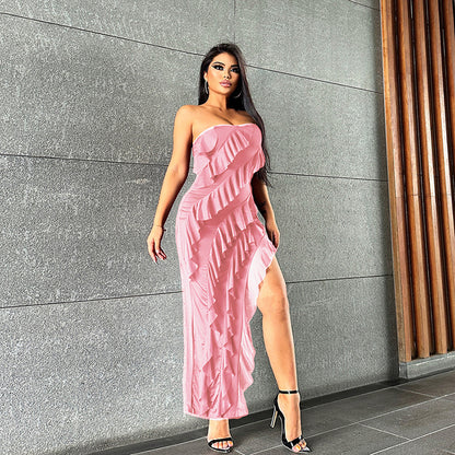 European And American Style 2024 Summer New Fashion Sexy Sleeveless Wrap Chest Lace Tassel High Waist Slim Split Dress