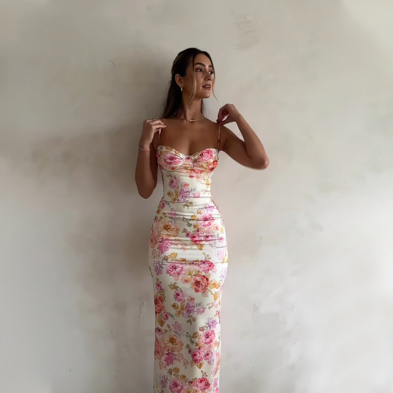 Vacation Suspender Skirt French Flower Print Sexy Breast-revealing Dress European And American Elegant Fashion Long Skirt Dress Women
