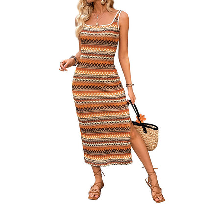 2025 Spring New European And American Cross-Border Women's Fashion Casual Striped Vacation Style Sleeveless Square Neck Dress For Women