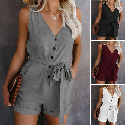 Amazon European And American Solid Color One-piece Pants For Women 2024 Spring And Summer New Casual V-neck Bow Women's Five-point Short