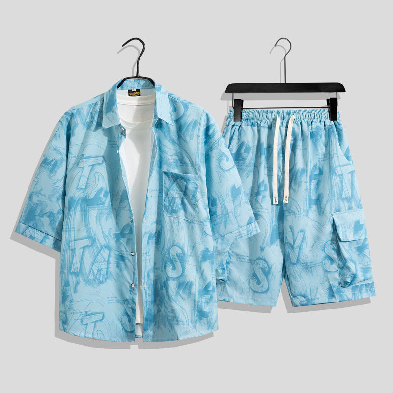 Ice Silk Beach Suit Men&#039;s Short-sleeved Flora Shirt Plus Size Loose Hawaiian Quick-drying Casual Shorts Couple&#039;s Suit