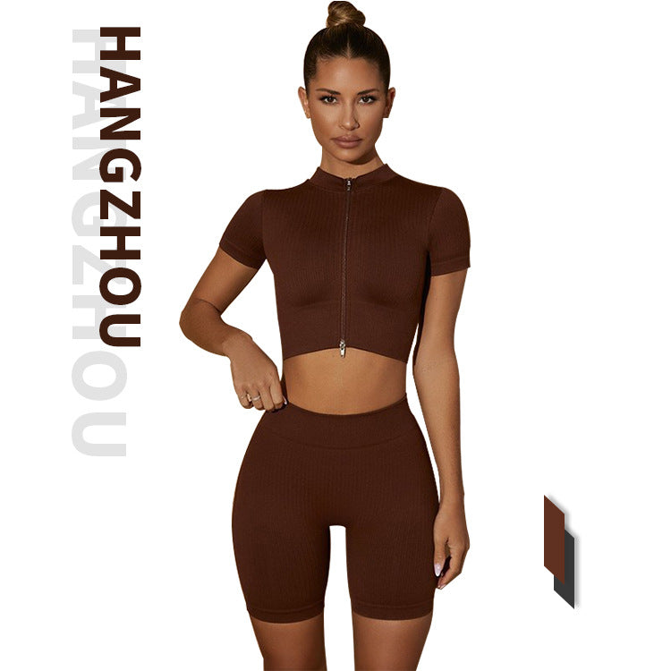 2022 Ins New Yoga Clothing Beautiful Back Bra Zipper High Collar Vest Long Sleeve Short Sleeve Sports Pants Six Piece Set For Women