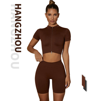 2022 Ins New Yoga Clothing Beautiful Back Bra Zipper High Collar Vest Long Sleeve Short Sleeve Sports Pants Six Piece Set For Women