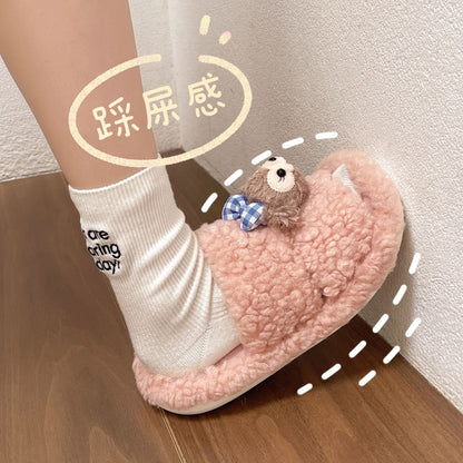 Autumn And Winter Cute Cartoon Plush Warm Home Indoor Cotton Slippers Women's One Word Non-slip Fluffy Slippers Women's Winter
